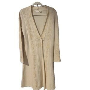 Whitewash Wool Duster Cardigan S Boho Embroidered Open Front Sweater Long Coat